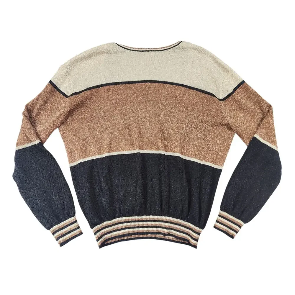 Free People gold dust plunging v-neck color block pullover sweater sz large crop